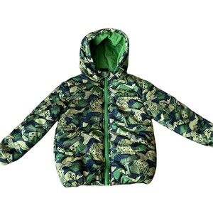 Minecraft Boys Puffer Jacket Hooded Green Camo Print Fleece Lined Size 6/7